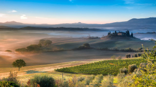 Scenic farm fog hills castle - a castle in the distance free wallpaper