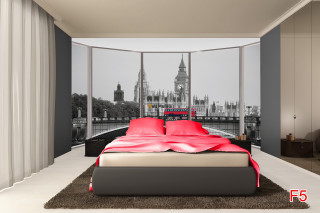 Bedroom large window red sheets - a view of the city free wallpaper for desktop