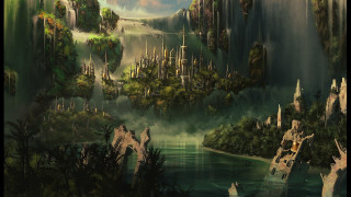 Fantasy landscape waterfall castle boat 3 - christophe vacher free wallpaper for desktop