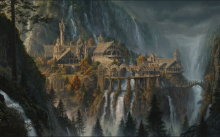 Castle cliff waterfall mountain painting - a painting of a castle free wallpaper