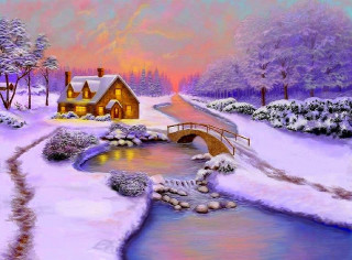 Snowy scene house stream bridge - kinkade free wallpaper