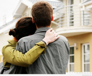 Man woman hugging house balcony - arthouse free wallpaper