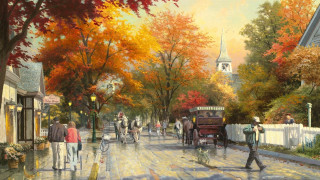City street people bikes horse - a painting of a city street free wallpaper