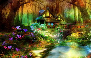 House woods bridge stream flowers 2 - a painting of a house free wallpaper for desktop