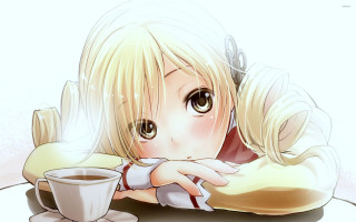 Girl laying table coffee cup - a manga drawing free wallpaper for desktop