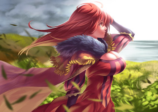 Woman red dress field bird - her shoulder and a bird free wallpaper