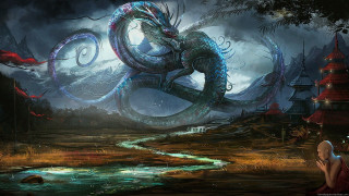 Dragon flying river fantasy landscape - a dragon free wallpaper for desktop