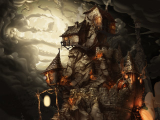 Castle clock full moon painting - a painting of a castle free wallpaper for desktop