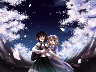 Anime characters hugging snow tree - kyoto animation free wallpaper
