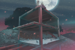 Person wooden structure full moon - atey ghailan free wallpaper