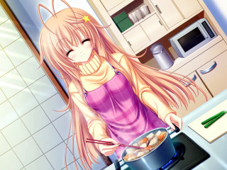 Girl cooking kitchen pot food - official art free wallpaper for desktop