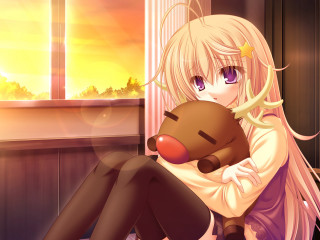 Girl sitting bed holding teddy - the sunset free wallpaper