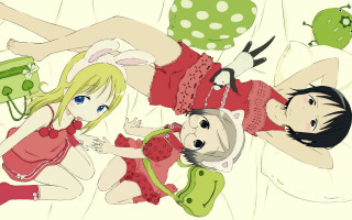 Anime girls bed green object - top of a bed together free wallpaper for desktop