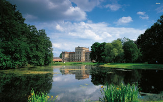 Large building lake park trees - tree and grass free wallpaper