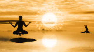 Yoga woman rock water sun - metaphysical painting free wallpaper