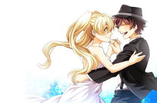 Anime couple kissing blue background 3 - a white background behind them free wallpaper