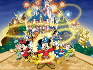 Mickey mouse friends castle fireworks - the sky above them free wallpaper