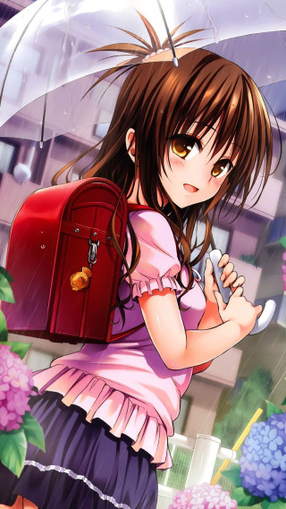 Girl backpack umbrella rain cellphone - anime art free wallpaper for mobile