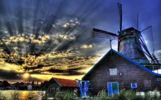 Windmill building culminating sunset crepuscular - the cloud above free wallpaper for desktop