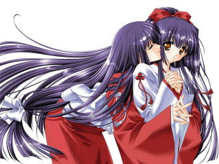 Anime girls hugging long hair 3 - long hair and a bow free wallpaper for desktop