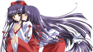 Anime girls hugging red outfits - long hair and a bow free wallpaper for desktop