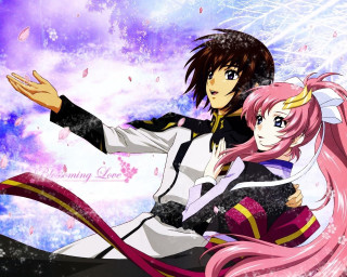 Anime characters pose purple background - a picture together in front free wallpaper