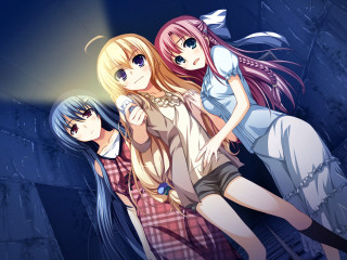Three anime girls light dark - a dark background free wallpaper