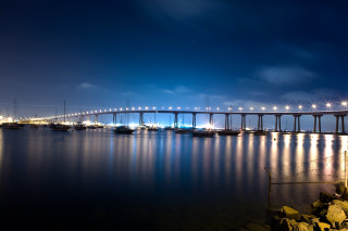 Bridge night water lights boat - a matte painting free wallpaper