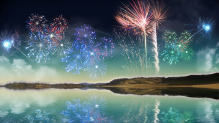 Lake fireworks mountain background painting - digital painting free wallpaper