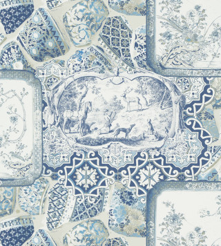 Blue white tile horse man - rococo free wallpaper