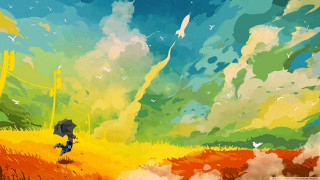 Person umbrella field grass trees - a painting of a person free wallpaper