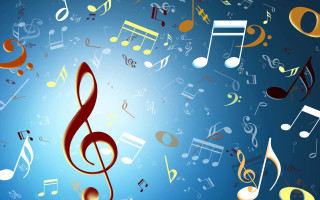 Musical notes flying blue background - funk art free wallpaper