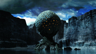 Strange structure lake mountains lights - beksinski free wallpaper