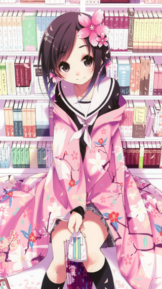 Girl pink dress sitting shelf - a pink dress free wallpaper for mobile