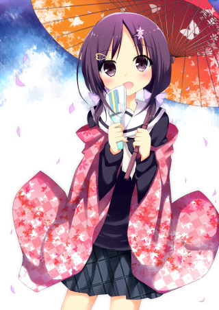 Girl anime umbrella kimono pink - a red umbrella free wallpaper for mobile