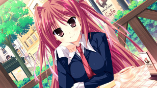 Girl pink hair glasses coffee - a cup of coffee in front free wallpaper