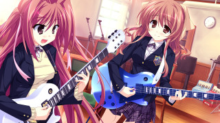 Anime girls guitars room clock - the wall behind them free wallpaper