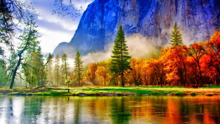 Mountain lake autumn forest reflection - a painting of a mountain lake free wallpaper