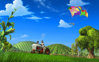 Man flying kite field tractor - promotional free wallpaper for desktop