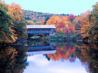 Covered bridge autumn leaves blue - white cloud free wallpaper
