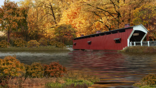 Red covered bridge fall river - a white fence free wallpaper for desktop