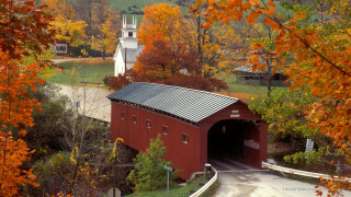 Red covered bridge steeple orange - kodachrome free wallpaper
