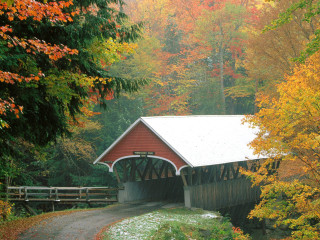 Covered bridge fall trees snow - beautiful scenery free wallpaper for desktop