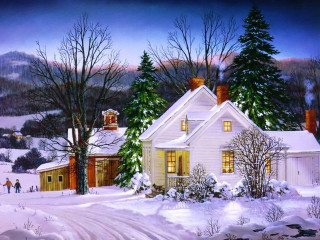 House snow person walking dog - edward lamson henry free wallpaper