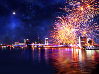 Fireworks city night bridge river 2 - david boyd free wallpaper