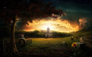 Church field tree barn sunset 4 - david martin free wallpaper for desktop