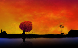 Red sky windmill tree dusk - a red sky in the background free wallpaper