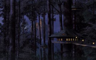 Tree house forest night lights - christophe vacher free wallpaper