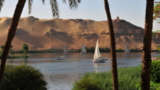 River boats mountain palm trees - egyptian art free wallpaper