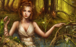 Woman white dress forest frog - a frog free wallpaper